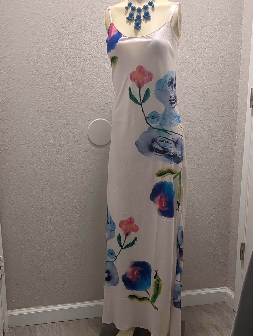 Anthropologie Cream Maxi Slip Dress with Blue and Pink Floral Print